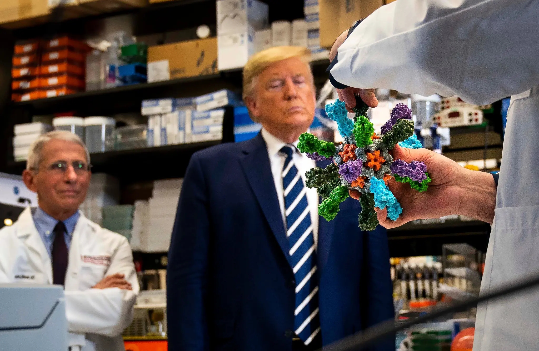 Trump is shown a model of the coronavirus, March 2020. Doug Mills/The New York Times/Redux